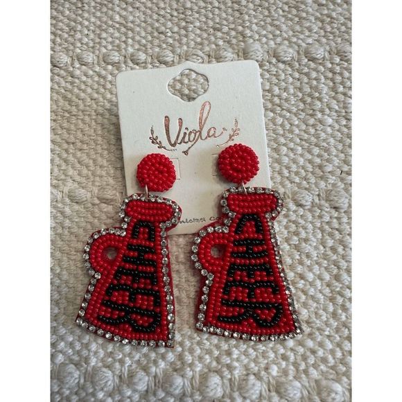 RED AND BLACK 'CHEER' MEGAPHONE SEED BEAD EARRINGS - Picture 3 of 3